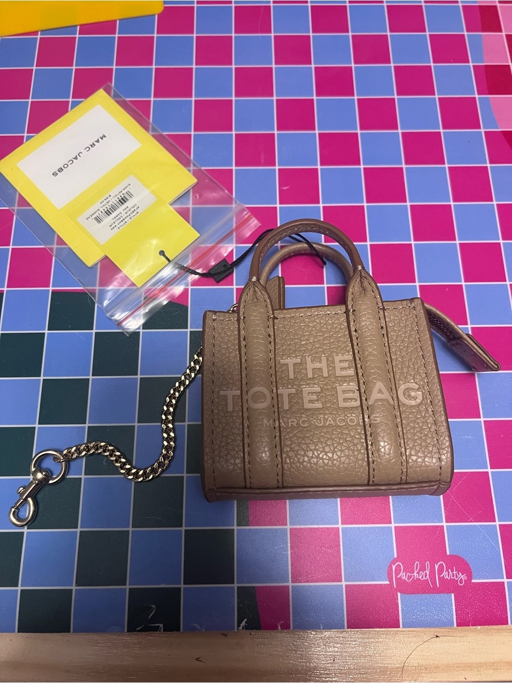 Marc Jacobs Mini Tote Bag Keychain in Taupe Brown